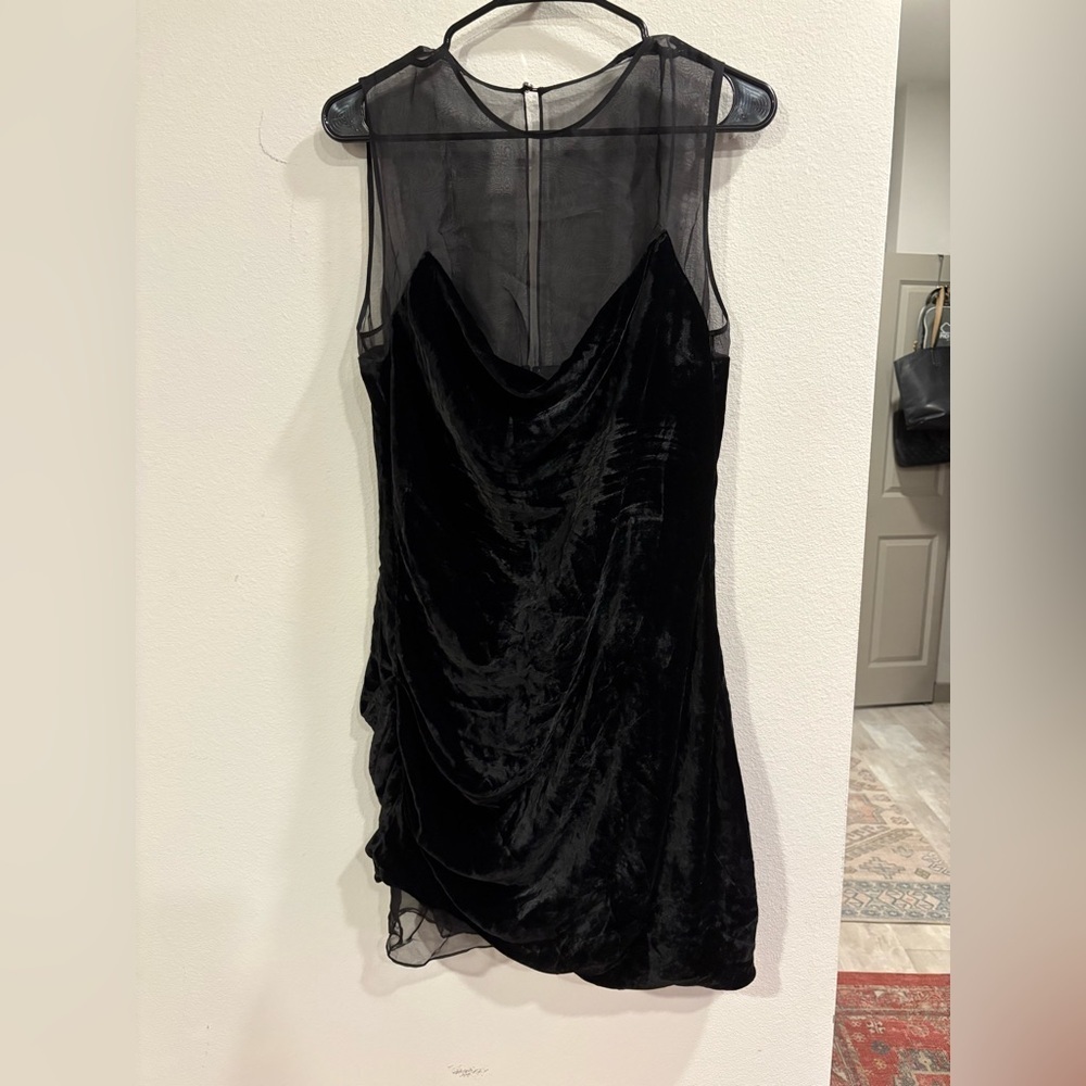 Cushnie Black Velvet Sheer Silk Draped Cocktail Dress dark romantic S10